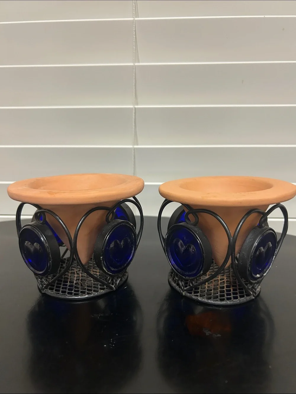 Terracotta & Blue Glass Decorative Votive Holders (Set of 2)